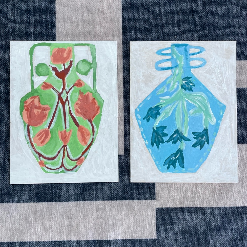 2 folk art style vase paintings